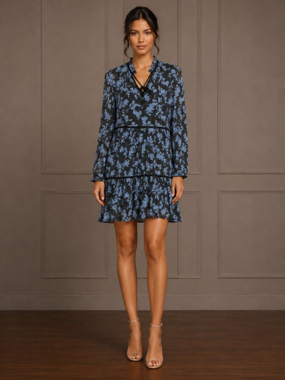 Veronica Beard 100% Silk Black Blue Floral Shirt Dress Pleated Ruffle Size 8